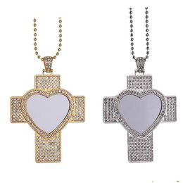 Pendant Necklaces Diy Sublimation Blank Cross Necklace Designer Jewellery Mens Gold Woman Party Po Frame Sier Wing Heart Rhinestone An Dhomv