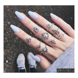 Band Rings Vintage Punk Knuckle Boho Midi Ring Set 9 Pcs/Set Mermaid Tail Compass Yoga Hollow Carved Wedding Drop Delivery Jewellery Dhazh