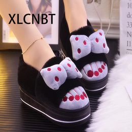 Slippers Women's 2023 Winter Slipper Bag Cute Indoor Bow Cotton Shoes High Heel Platform Lovely Covered Heels Keep Warm