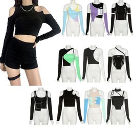 Women's T Shirts E-Girl Style Patchwork Black T-Shirts Gothic Hollow Out Sleeve Y2k Crop Tops Ruffles Hem Hip Hop Streetwear Women Tees