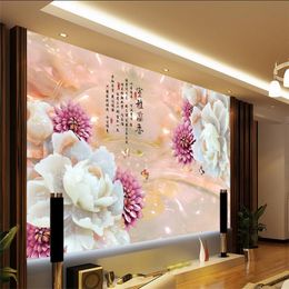 Wallpapers Customised Wallpaper Mural Chinese Style 3D Handmade Scenery With Peony Flower Jade Carving Behind Sofa As Background Livingroom