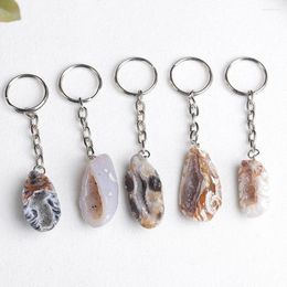 Keychains 1pc Natural Crystal Agate Geode Keychain Key Rings Original Druzy Half Stone Good Luck Fortune Wealth Charm Pendant