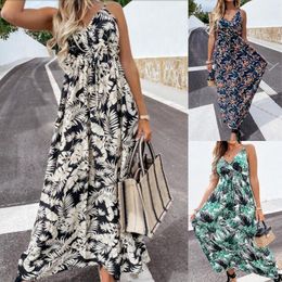 Casual Dresses Women's Summer Sleeveless Print Dress Long Female V Neck Camisole Beach Sling Coconut Leaf Boho DressCasual