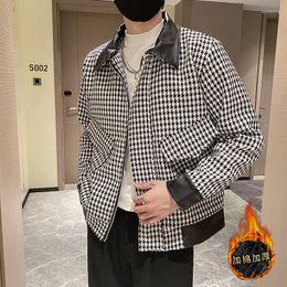 Men's Jackets Light Luxury Houndstooth PU Splicing Men's Autumn Winter Thicken Warm Parkas Coat Korean Casual Outwear Chaquetas Hombre