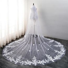 Bridal Veils White/Ivory Wedding Long Full Lace Edge Floral Two-Layer Face-Covered Blusher Applique Veil With Comb Velo De NoviaBridal