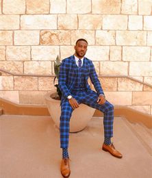 Men's Suits & Blazers Costume Homme 3 Pieces Plaid Men Blue And Black Customize Street Fashion High Quality Cotton Formal BusinessMen's