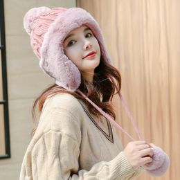Berets Women Winter Beanies Hat With Ears Flaps Thick Fleece Warm Fur Pompom Cute Cold Knitted Skullies Casual