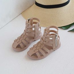 Girls Covered Toes Sandals Summer New Korean Cute Princess Soft Side Zip Black Kids Fashion Flat Non-slip Rome Shoes for Beach 0202