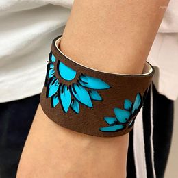 Bangle BOHO 2 Layers Sunflower Cow American Flag Cutout Hollow Turquoise Leather Adjustable Bracelet For Women Brown Trendy Bangles