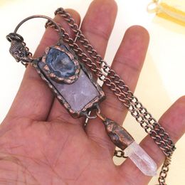 Pendant Necklaces Natural White Crystal Pink Stone Square Shape Rose Quartz Antique Copper Glitter Jewellery