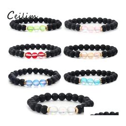 Beaded Strands 6Mm Fashion Design Crystal Glass Flash Stone Bead Bracelet For Women Men Colorf Natural Black Matte Agate Ethnic Dro Otuhz