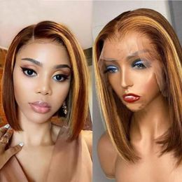 Malaysian 100% Human Hair Piano Color P4/27 13X4 Lace Front Bob Wig 150% 180% 210% Density Silky Straight