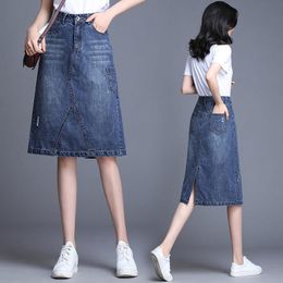 Skirts A-line Denim Skirt Midi Female 2023 Spring Summer Korean Stretch Slim Large Size Step Women Casual Jeans Saia F2916