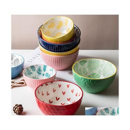 Bowls Cute Ceramic Embossed Noodle Relief Nonslip Rice Soup Tableware Restaurant Salad Bowl Wholesale Drop Delivery Home Garden Kitc Dhc5L