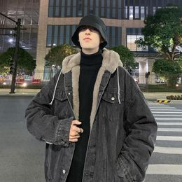 Men's Down Winter Casual Fleece Lining Denim Coat Hooded Loose Warm Parkas Outwear M24