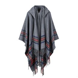 Scarves Fashion Women Winter Shawl Wraps Thick Warm Blanket Scarf Oversize Hooded Black Ponchos And Capes Striped Tassel Echarpe 230201