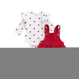 Clothing Sets Valentine Infant Baby Girls TwoPiece Suit Heart Pattern Ruffle Long Sleeve Round Neck Romper Suspender Skirt 230202