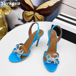 Rhinestone Butterfly Knot Sandals Blue Round Toe Thin High Heel Slip On Back Strap Fashion Summer Women Party Shoes Quality 220202