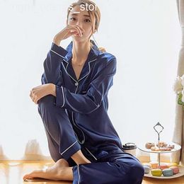 Women's Sleepwear Fashion Striped Single-breasted Long Sleeve Two Piece Sets Spring Autumn Loose Silk Satin Pyjamas Set Women Sleepwear 202V23