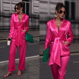 Spring Soft Satin Silk Women Pants Suit Rose Red Mother of the Bride Wear Evening Party Wedding Formal 2 Pieces