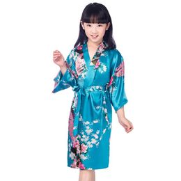 Ethnic Clothing Girls' Bird & Flower Satin Kimono Wrap Sleepwear Robe Bathrobe Short Peacock For Spa Party Wedding BirthdayEthnic