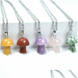 Pendant Necklaces 20Mm Mushroom Natural Stone Carving Reiki Healing Crystals Rose Quartz Necklace For Women Jewellery Wholesal Dhgarden Dhstr