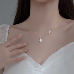 Pendant Necklaces CHE149 Real 925 Sterling Silver Star Artificial Opal Pendant Necklaces Dainty Rolo Chain Chokers Fine Jewelry for Women G230202