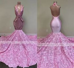 Vestidos de baile longos rosa sereia garotas pretas lantejoulas sexy backless halter 3d flores africanas mulheres vestidos de festa noturna formal 2023