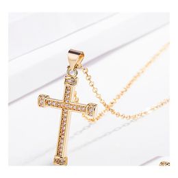 Pendant Necklaces Fashion Jewellery 24K Gold Plating Diamond Jesus Cross Necklace Women Men Crystal Row Drop Delivery Pendants Dhpyf