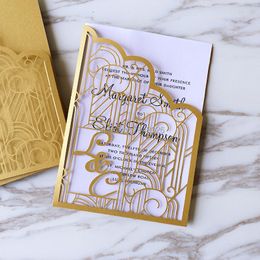 Greeting Cards Personalised Initials 50pcs Gold Gatefold Wedding Invitation Laser Cut Custom Invitations Card