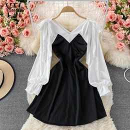 Casual Dresses YornMona Japanese Lolita Style Women Fairy Black Mini Dress V-neck Gothic Bow Lace-Up Puff Sleeve High Waist Party