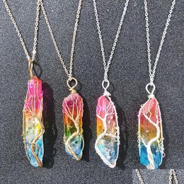 Pendant Necklaces Dyed Color Healing Crystal Stone Pillar Charms Twine Tree Of Life Wire Wrap Quartz Wholesale Jewelry Gift Dhgarden Dhrbz