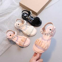 2022 Summer New Girls Beaded Princess Shoes Pearl High Heel Sandals Kids Pleated Ribbons Fashion Show for Wedding Sweet F06042 0202