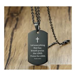 Pendant Necklaces Bible Verse Necklace Cross Stainless Steel Mens Dog Tag Religious Jewellery Black For Christian Prayer Gift Drop Del Otqrs