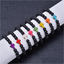 Beaded 8Mm Black Lava Stone Beads Colorf Cross Charms Elastic Strand Bracelet Bangle For Women Men Jewellery Drop Delivery Brac Dhgarden Dhxtl