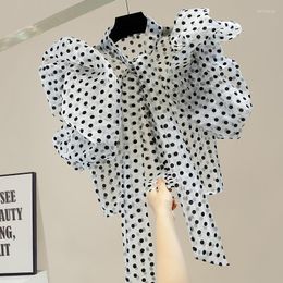 Women's Blouses Lantern Sleeve Crop Tops Blusas Mujer Pleated Ruffle Ribbon Bow Organza Perspective Short Polka Dot Shirt Women Blouse