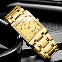 Wristwatches Men Business Watch Simple Design Luxury Fashion Rectangular Black Gold Stainless Steel Calendar Waterproof Quartz Men's