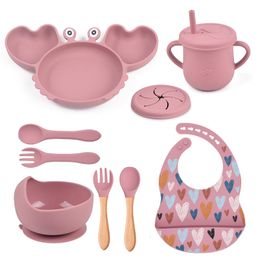 Cups Dishes Utensils 9Pcs Baby Silicone NonSlip Suction Bowl Plate Spoon Waterproof Bib Cup Set Crab Food Feeding for Kids BPA Free 230202