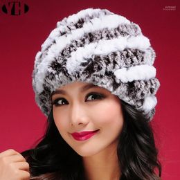 Beanies Winter Warm Female Knitted Real Rex Fur Hat Natural Striped Cap Lady Headwear Vintage Fashion1 Scot22
