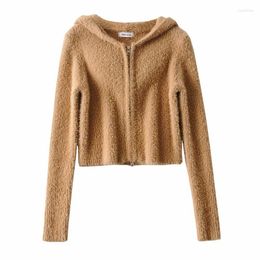Women's Knits Fall Sweater Women Vintage Cropped Cardigan Knit Korean Hoodie Harajuku Long Sleeve Crop Top Brown