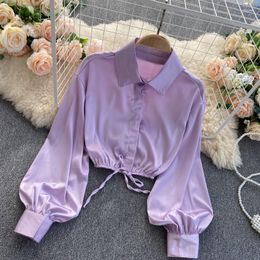 Women's Blouses 2023 Temperament Fashion Women's Satin Shirt Bow Tie Lace Lapel D Lantern Sleeve Slim Short Top UK798