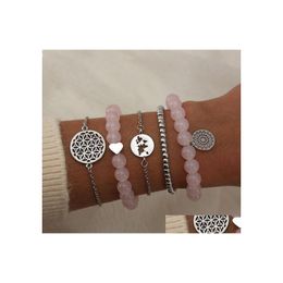Charm Bracelets Fashion Jewellery 5Pcs/Set Bracelet Set Pink Beads Geometric Hollowed Chain Drop Delivery Dhnml