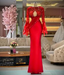 Gorgeous Red Feather Prom Dresses Long Sleeve Sparkly Beading Crystal Satin Mermaid Evening Gowns Formal vestidos de noche