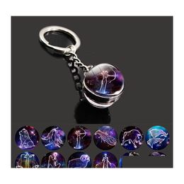 Key Rings Glow In The Dark 12 Constellation Zodiac Signs Picture Double Side Cabochon Glass Ball Keychain Jewelry Birthday Gifts Dro Otrll