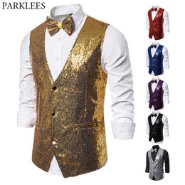 Men's Vests Shiny Gold Sequin Sparkling Waistcoat Men Slim Fit V Neck 2 Pieces Mens Vest with Bowtie Wedding Party Stage Prom Costume Gilet 230202