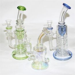 Hookahs Blue Green Colour Recycler Glass Dab Rigs Percolator Water Pipes Glass Oil Rigs with 14mm Dry Herb Bowls Male Ash Catchers