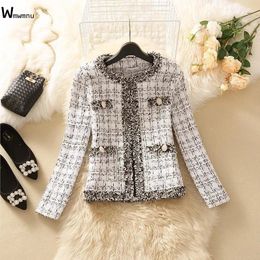 Women's Jackets Vintage Women Woollen Cropped Tweed Coat O-neck Slim Black White Plaid Short Jackets Korean Wool Blends Outwear Tops Chaquetas 230202