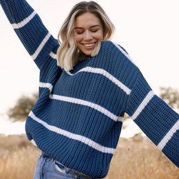 Women's Sweaters Women Round Neck Casual Long Sleeve Striped Print Loose Cable Knit Tops For Spring Fall