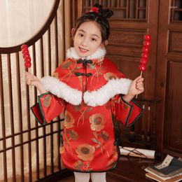 Ethnic Clothing Chinese Year Dress Girl's Hanfu Chinese-Style 2023 Thickened Children's Tang Suit With Cape Traditional Winter