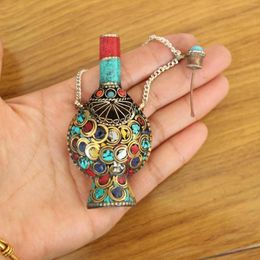 Pendant Necklaces SN206 Vintage Tibetan Collectibles Nepal Handmade Brass Turquoises Lapis Colorful Stone Large Snuff Bottle